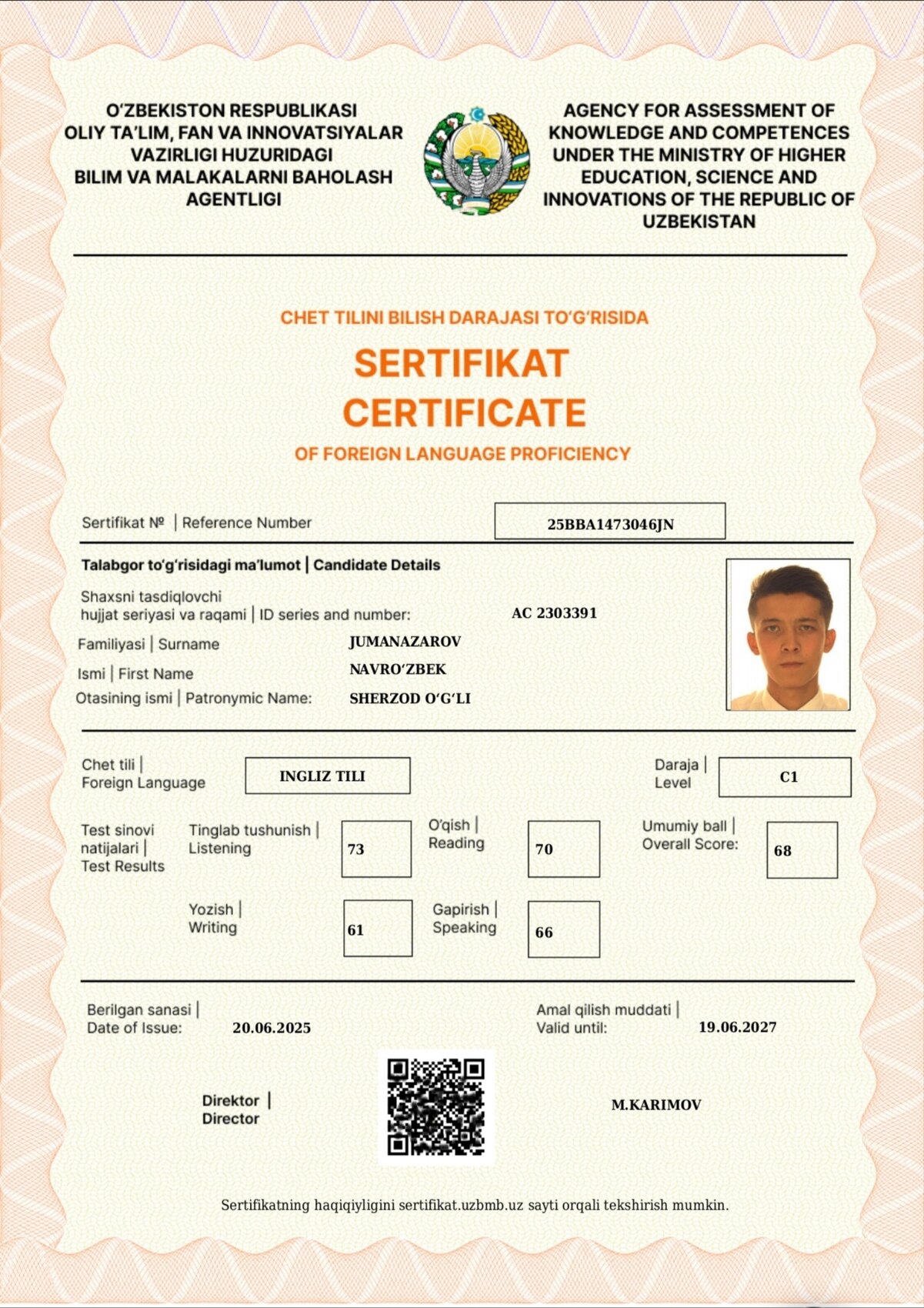 Navruzbek Jumanazarov's CEFR C1 certificate